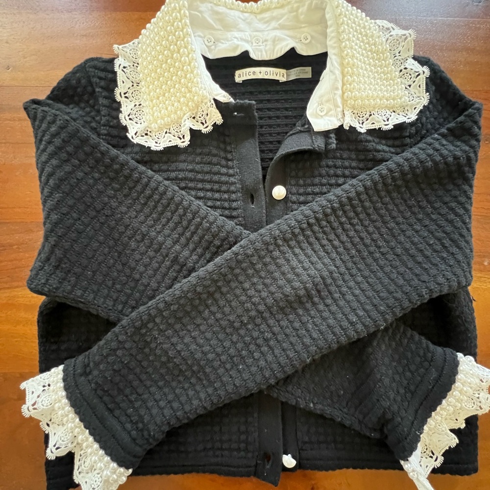 Alice + Olivia Black Knit Cardigan with Pearl Lace Collar and Cuffs